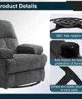 Gray recliner with product details highlighting 27 Inch Swivel Base Replacement With Plate For Recliner And Sofa Chairs Heavy Duty Bottom Part Support Built From Beefy Steel For Built To Last Smooth Rotation And Easy Install Ten Point Two Inch Square Plate.