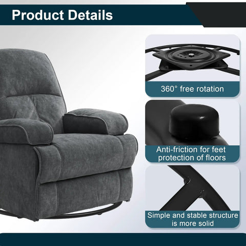 Gray recliner with product details highlighting 27 Inch Swivel Base Replacement With Plate For Recliner And Sofa Chairs Heavy Duty Bottom Part Support Built From Beefy Steel For Built To Last Smooth Rotation And Easy Install Ten Point Two Inch Square Plate.