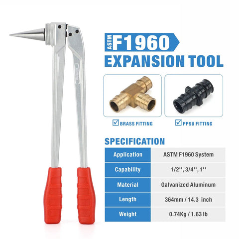 PEX Expander Tool Kit with 1/2, 3/4, 1 inch heads and red handles for Uponor ProPex expansion sleeves, meets ASTM F1960 standard.