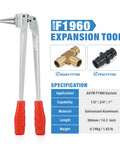 PEX Expansion Tool Kit With Auto Rotation Expander Heads One Half Inch Three Quarter Inch One Inch For PEX A Cold Expansions No Torch Glues Solder Or Flux ProPEX Wirsbo Compatible With Carrying Case showing expander tool, fittings, specifications.