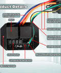 Internal view of Dual Electric Radiator Fan Switch Kit with labeled components, including relays, terminals, and LED display.