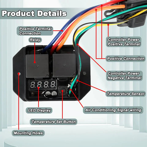 Internal view of Dual Electric Radiator Fan Switch Kit with labeled components, including relays, terminals, and LED display.