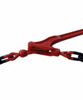 Red G70 Lever Chain Binder for 5/16-3/8 inch chain with clevis grab hooks, 6600 WLL, 26400 MBS, forged and heat treated, side view.
