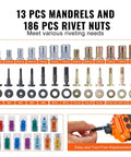 Kick Your Projects Up A Notch With This Tough 16 Inch Rivnut Tool Kit Featuring Automatic Retraction, Heavy Duty Alloy Handle, And Complete Metric Sae Mandrel Set Plus 186 Rivet Nuts For All Your Bolting Jobs. Mandrels and rivet nuts set with labeled M3-M12 and SAE sizes