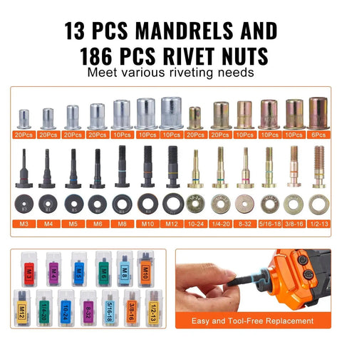 Kick Your Projects Up A Notch With This Tough 16 Inch Rivnut Tool Kit Featuring Automatic Retraction, Heavy Duty Alloy Handle, And Complete Metric Sae Mandrel Set Plus 186 Rivet Nuts For All Your Bolting Jobs. Mandrels and rivet nuts set with labeled M3-M12 and SAE sizes