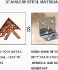 Comparison of rust-prone metal bracket and Stainless Steel Corner Braces 40 Pack, illustrating durability and rust resistance