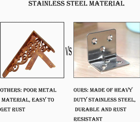 Comparison of rust-prone metal bracket and Stainless Steel Corner Braces 40 Pack, illustrating durability and rust resistance