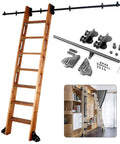 Top Shelf Retractable Sliding Barn Door Track And Hella Smooth Rolling Ladder Hardware Kit with wooden ladder and roller components.