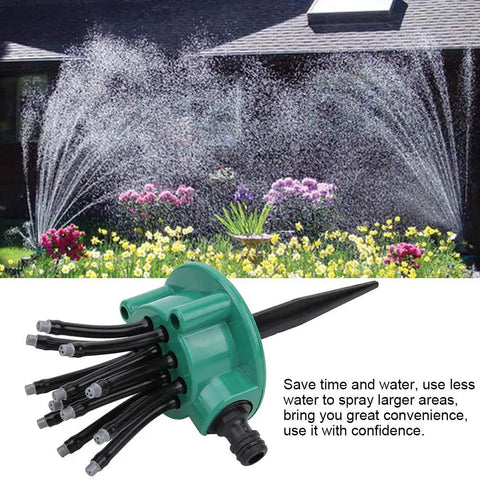 12 Head Flexible Noodle Sprinkler System for Gardens and Lawns ABS Plastic with leak proof joints spraying over flower beds
