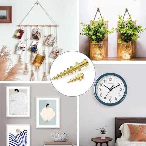 Heavy Duty Hanging Screws For Picture Hangers 4 In 1 D Rings Sawtooth Wire And Keyhole Mounts Gold Finish 25 Pack displayed with frames and decor