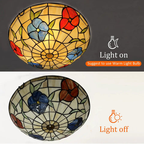 Tiffany Style 3 Light Ceiling Light 16 Inch Stained Glass Flush Mount Handmade Eye Catching Jewel Tone Fixture For Dining Room