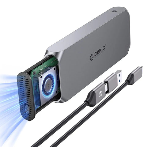 No Sweat 40Gbps M2 NVMe SSD Enclosure Rock Solid Aluminum Housing with cooling fan and cables for Thunderbolt 4 USB4 connection.