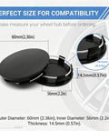 Four Pack Snap On Wheel Center Caps With 60mm Outer And 56mm Inner Diameter To Freshen Up Your Wheels For Universal Car Truck Suv Hub Cover Upgrade In Slick Black Finish displayed with size measurements.
