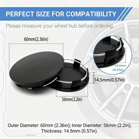 Four Pack Snap On Wheel Center Caps With 60mm Outer And 56mm Inner Diameter To Freshen Up Your Wheels For Universal Car Truck Suv Hub Cover Upgrade In Slick Black Finish displayed with size measurements.