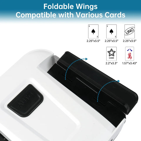 Foldable wings of One Press Auto Card Shuffler For 1 To 2 Decks Electric Slot Machine for various card sizes.