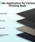 Diagram showing compatibility of CR Touch Auto Leveling Sensor For Ender 3 V2 Neo Ender 3 S1 Pro and CR 10 Smart Pro with various bed types.