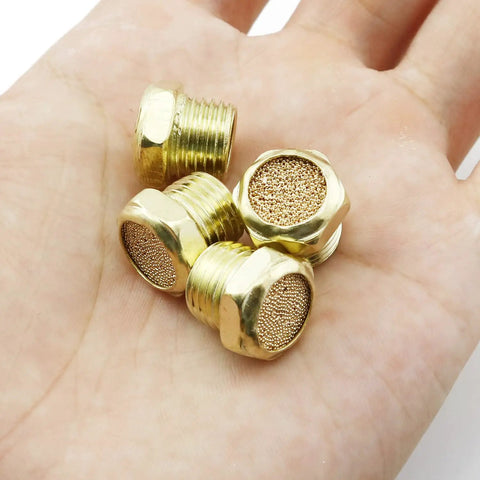 4 Pack Sintered Bronze Breather Vent One Quarter Inch NPT For Single Acting Cylinders Or Valves shown on a hand