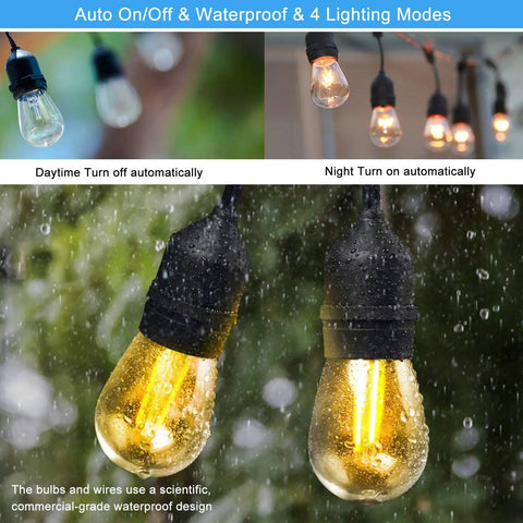 Solar Outdoor String Lights 39 Feet With 16 Hanging Edison Plastic S14 Bulbs, wet with rain droplets, glowing warmly at night