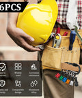Person wearing tool belt with 1/4 Inch Hex Shank Bit Holder Keychain For Drill Bits Portable Aluminum Alloy Quick Change visible.