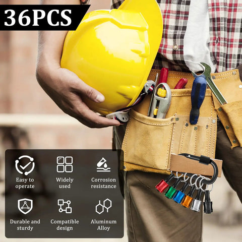 Person wearing tool belt with 1/4 Inch Hex Shank Bit Holder Keychain For Drill Bits Portable Aluminum Alloy Quick Change visible.