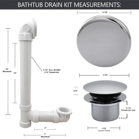 Built Tough Sch 40 Pvc Bath Waste And Overflow Assembly With Slick Illusionary Faceplate And Ada Compliant Toe Touch Drain Plug Polished Chrome Heavy Duty Bulk 12 Pack measurements and parts layout.