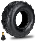 Go Kart And Mini Bike Tire 145/70-6 Tubeless Rear V-Tread, 6 Inch Rim shown with valve stem accessory