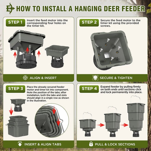 How to install a Five Gallon Hanging Deer Feeder With Programmable Digital Timer showing steps and components for assembly.