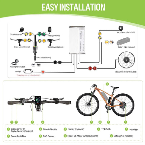 G0900 48V 750W Rear Hub Ebike Conversion Kit For 27.5 Inch Mountain Bikes With SW2M58 Display And PAS Sensor, Fits 135-142mm Dropouts, V-Brake Or Disc Compatible, Brushless Geared Motor, Programmable Controller For Smooth Power