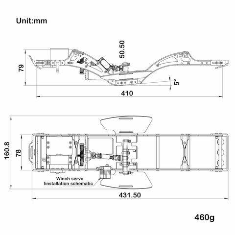 Technical schematic of Gold Rush V2 Carbon Fiber LCG Chassis Kit For Axial SCX10 II Capra 1.9 UTB showing dimensions and design.
