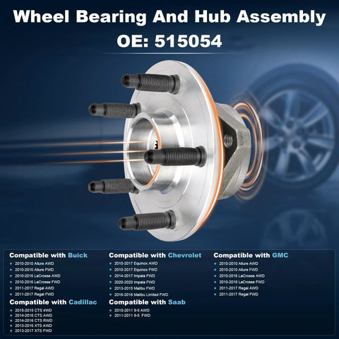 Front Or Rear Wheel Bearing Hub Assembly Drop In Ready For Buick LaCrosse Allure Regal 2010-2017, Cadillac CTS XTS 2014-2016 AWD And FWD, Chevrolet Equinox 2010-2017, Impala Malibu 2010-2017, GMC Terrain 2010-2017 5 Lug ABS shown with specifications and compatibility details