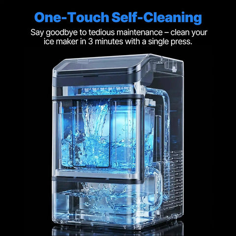 Countertop Nugget Ice Maker Makes Forty Eight Pounds Per Day With Instant Freeze Speed And Zero Stress Cleaning, showcasing self-cleaning water.