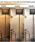 Minimalist Floor Lamp With White Linen Fabric Shade, Tall Modern Standing Light showing 3 color temperatures, Black Metal Pole And Base