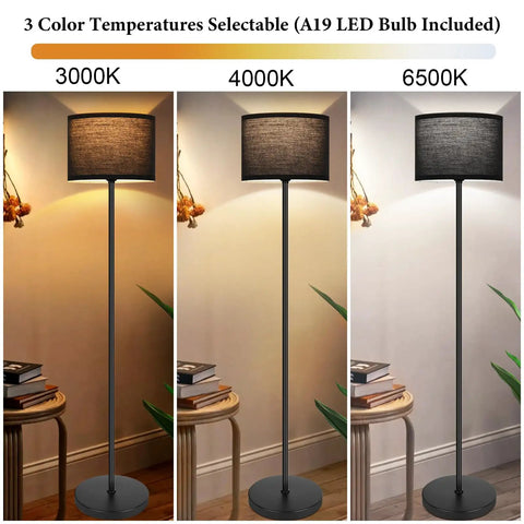 Minimalist Floor Lamp With White Linen Fabric Shade, Tall Modern Standing Light showing 3 color temperatures, Black Metal Pole And Base