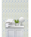Next Level Ikat Stripes Faux Vinyl Wallpaper With Durable Subtle Leather Grain Finish Engineered For Bustling Commercial Spaces And Custom Sized To Fit Your Walls Built Tough For Years, displayed in a bathroom setting.