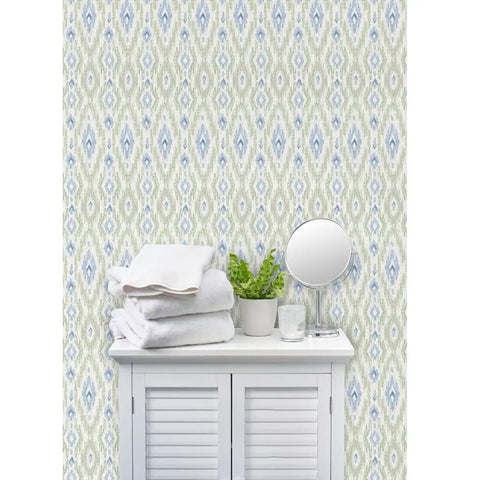 Next Level Ikat Stripes Faux Vinyl Wallpaper With Durable Subtle Leather Grain Finish Engineered For Bustling Commercial Spaces And Custom Sized To Fit Your Walls Built Tough For Years, displayed in a bathroom setting.