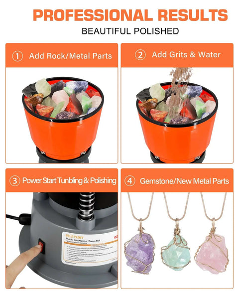 Steps for using 9Lbs Vibratory Tumbler Polishing Machine For Rocks And Metal Parts With 3Lb Walnut Shell Media in home workshop.