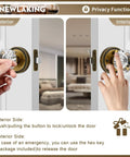 Glass Door Knobs With Privacy Lock For Bedroom And Bathroom Antique Brass Bronze Crystal Octagon Style With External Emergency Release Retro Interior Door Hardware 1 Pack, showing interior and exterior views of lock mechanism, hands demonstrating lock function.