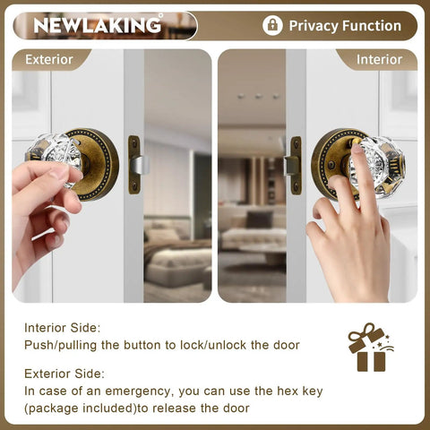 Glass Door Knobs With Privacy Lock For Bedroom And Bathroom Antique Brass Bronze Crystal Octagon Style With External Emergency Release Retro Interior Door Hardware 1 Pack, showing interior and exterior views of lock mechanism, hands demonstrating lock function.