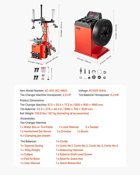 Electric Tire Changer And Balancer Combo With 18 Inch Spindle 2HP Motor, accessories and dimensions detailed on image.
