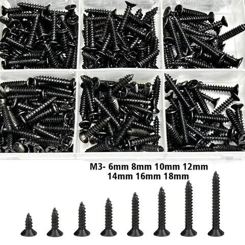 380 Pieces Black Self Tapping Screws Set In Carbon Steel With Flat Head, Handy For DIY Projects And Everyday Fixes