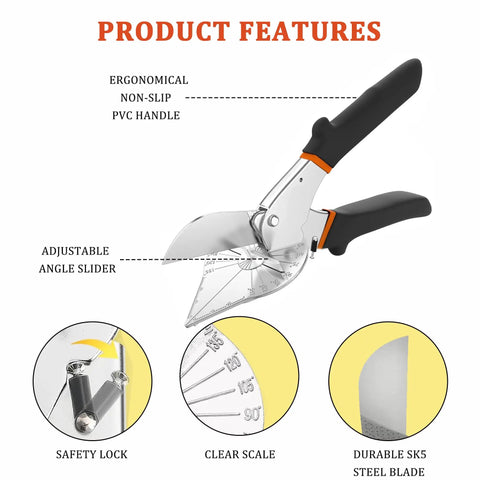 Adjustable Miter Shears For Wood Trim And Molding, 45 To 135 Degree Cutting, DIY Friendly Multi-Angle Cutter For PVC, Plastic, Soft Wood, MDF, Foam, And Round Molds, Includes Three Replacement Blades And A Sharp SK5 High-Carbon Steel Blade, black PVC handle