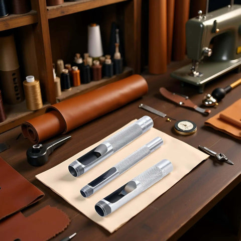 Pro Grade Leather Punch Set With Steel Hollow Punches, Three Piece Grommet Hole Punch Kit on leatherwork table