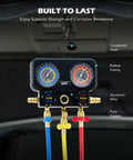 All In One AC Manifold Gauge Set With Five Foot Hoses For R1234YF R404A And R134A Three Way System For Quick A C Service With Self Sealing Can Taps And Quick Couplers, dual gauges