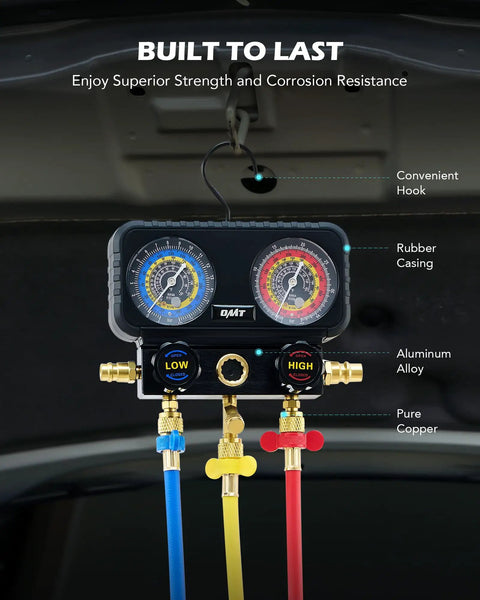 All In One AC Manifold Gauge Set With Five Foot Hoses For R1234YF R404A And R134A Three Way System For Quick A C Service With Self Sealing Can Taps And Quick Couplers, dual gauges