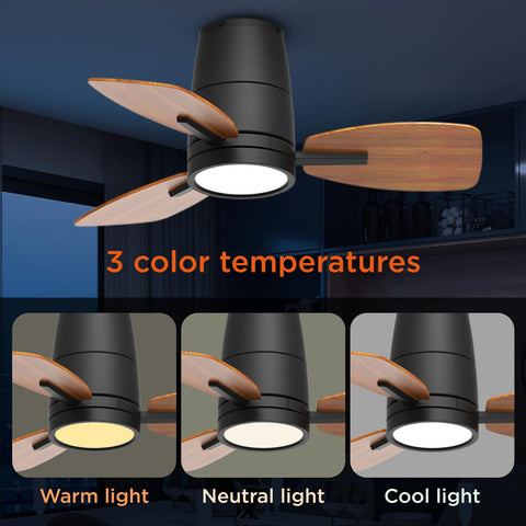30 Inch Ceiling Fan With Lights And Remote Control, Quiet DC Motor, Three Color Temperature LED Light, Reversible Blades