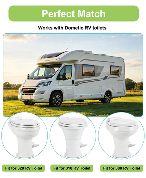 Heavy Duty RV Toilet Seal Repair Kit With Flush Ball Washer And Tough Bottom Gasket For Dometic 300 310 320 Camper Motorhome Rigs with three toilet models.