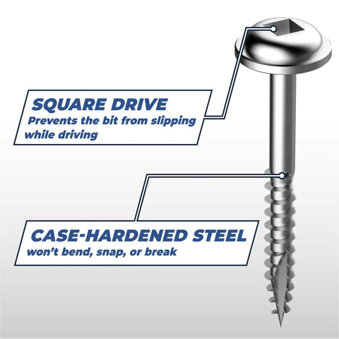 Pocket Hole Screws 1-1/2 Inch Fine Thread Maxi-Loc Head Zinc, 100 Count For Woodworking, Cabinetry, And Furniture Assembly, Ideal For Hardwood And Dense Materials, Indoor Use with square drive and case-hardened steel