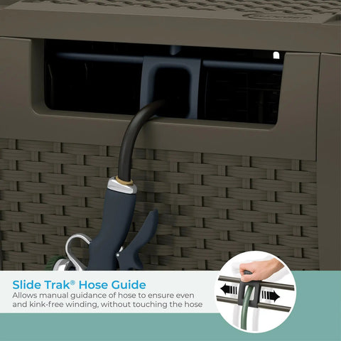 Close-up of Wicker Style Hose Hideaway With 175 Ft Resin Hose Reel Java Outdoor Garden Reel showing Slide Trak guide.