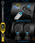 Pro Grade Digital Torque Wrench Three Eighths Inch Drive With Five To Ninety Nine Point Five Foot Pounds Range Plus One Percent Accuracy Smart Alert Multi Electric Torque Tool For Bike Motorcycle And Car Includes Extension Bars For Tight Spaces, featuring quick-release design and reversible switch.