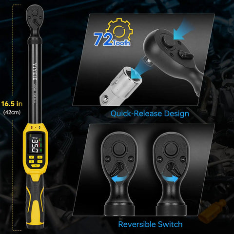 Pro Grade Digital Torque Wrench Three Eighths Inch Drive With Five To Ninety Nine Point Five Foot Pounds Range Plus One Percent Accuracy Smart Alert Multi Electric Torque Tool For Bike Motorcycle And Car Includes Extension Bars For Tight Spaces, featuring quick-release design and reversible switch.